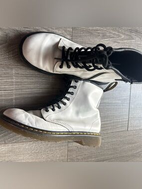 Doc Marten White Lace-Up Combat Boots with Yellow Welt Stitching